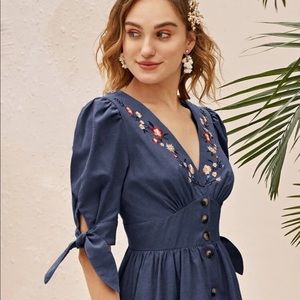 Anthropologie Embroidered Floral Navy Middi Dress